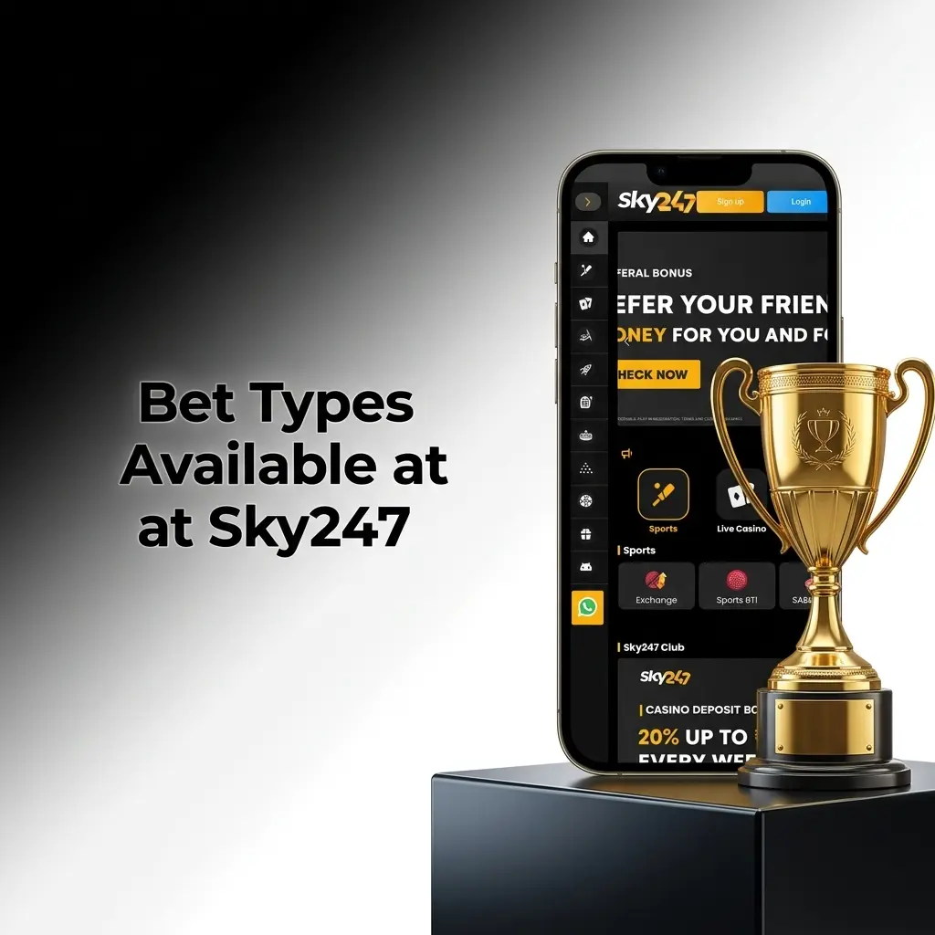 Sky247 bet types including single, accumulator, system, fancy, and live in-play bets for cricket and football