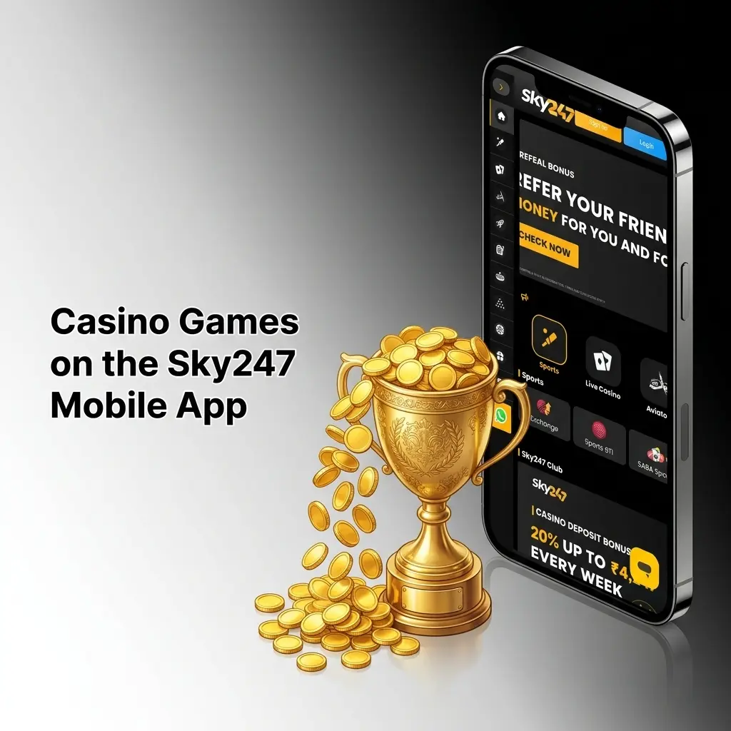 Sky247 mobile app casino games including Live Teen Patti, Aviator, Sweet Bonanza, and Live Roulette for Indian players