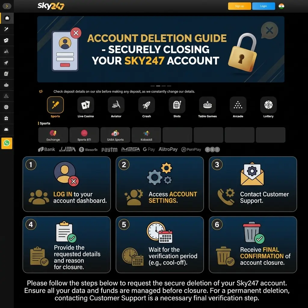 Step-by-step guide on how to delete your Sky247 account permanently via support channel or account settings