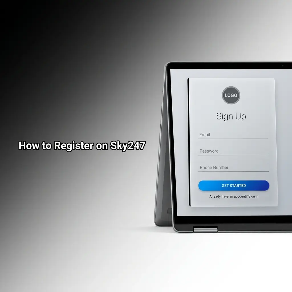 Sky247 registration steps showing account sign-up form with fields for name, mobile, email, and INR currency selection