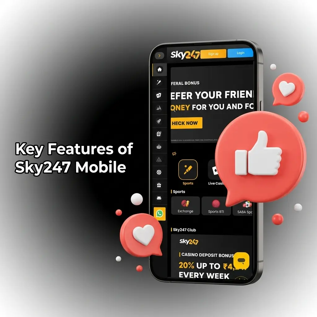 Sky247 mobile features UPI payments, INR support, cricket betting, live casino games, and 24/7 support for Indian players.