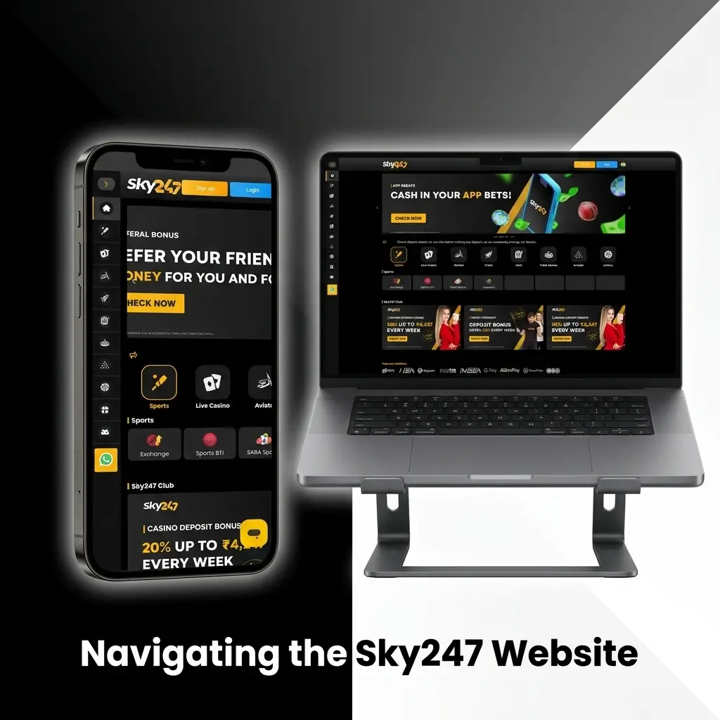 Sky247 website top navigation bar showing Sports, Casino, Live Casino, eSports, Promotions and Account sections