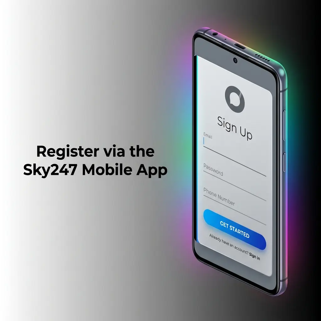 Sky247 mobile app registration screen showing sign-up options on Android for new account creation