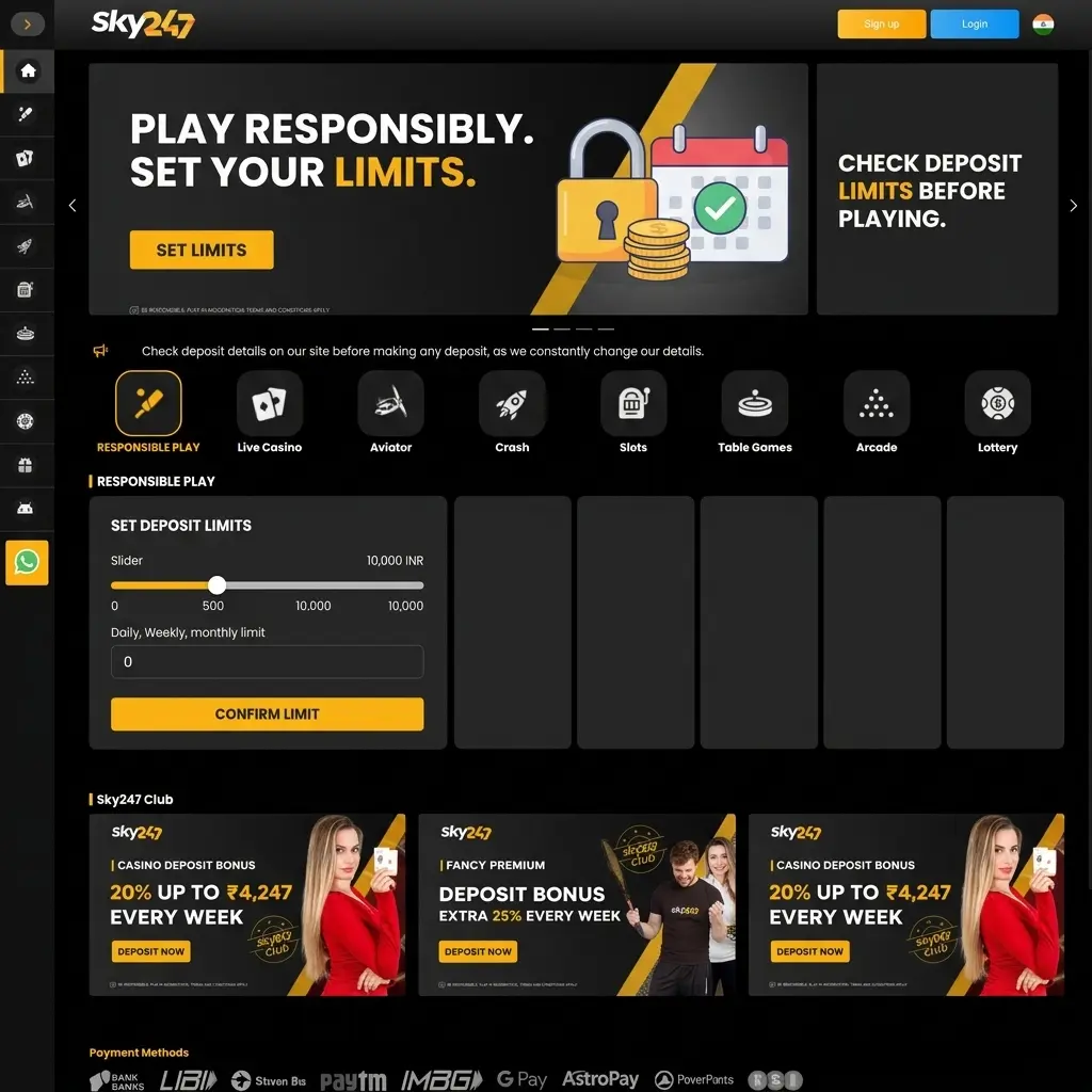 Sky247 responsible gaming tools including deposit limits, session controls, self-exclusion, and support resources for safe play