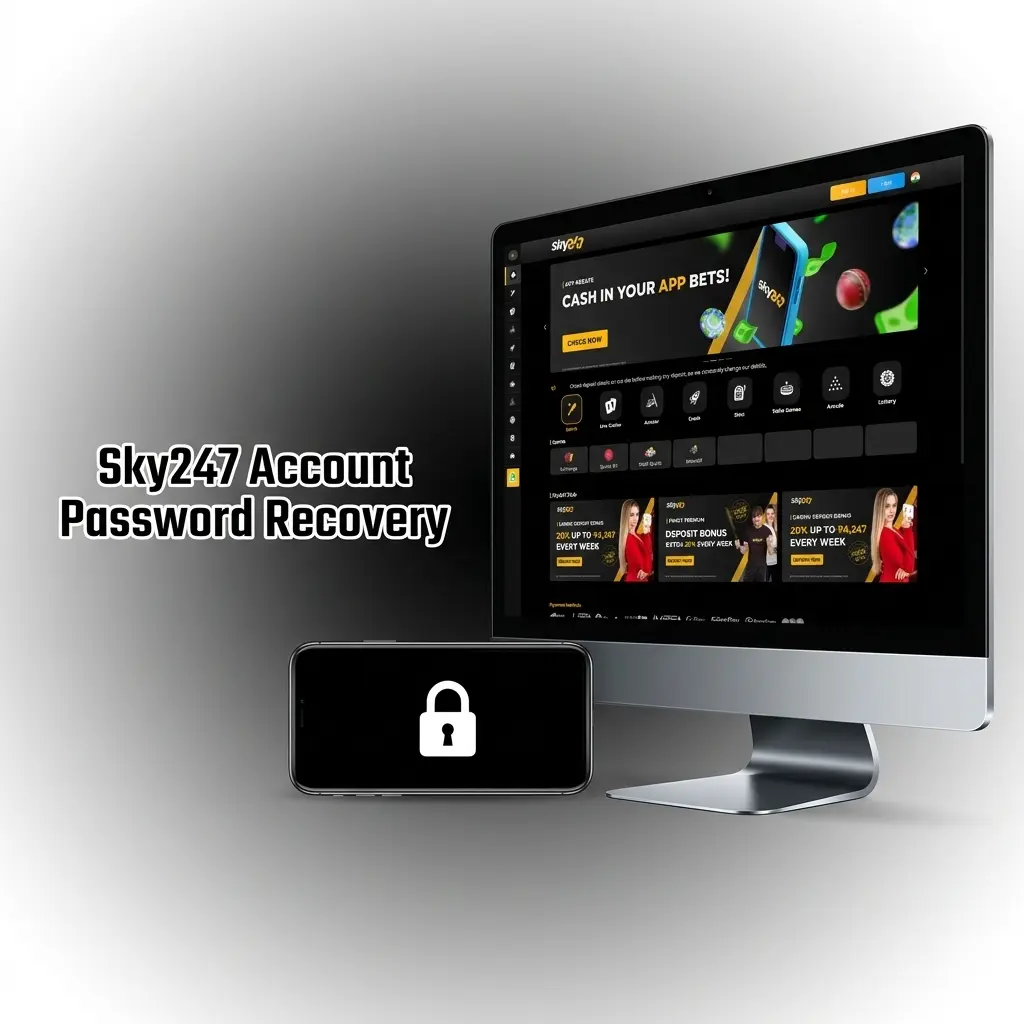 Sky247 account password recovery steps showing forgot password link, OTP verification, and new password creation process