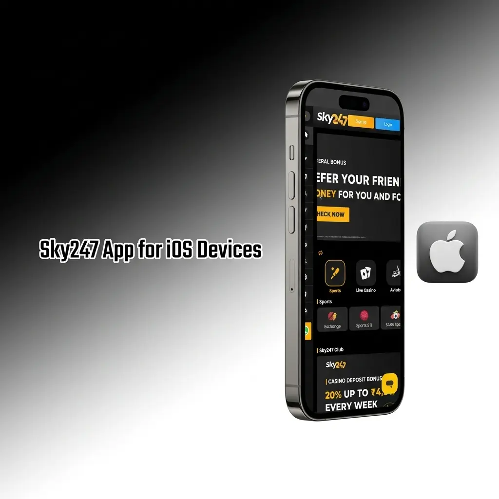 Sky247 iOS app download guide for iPhone and iPad showing App Store installation steps and login screen