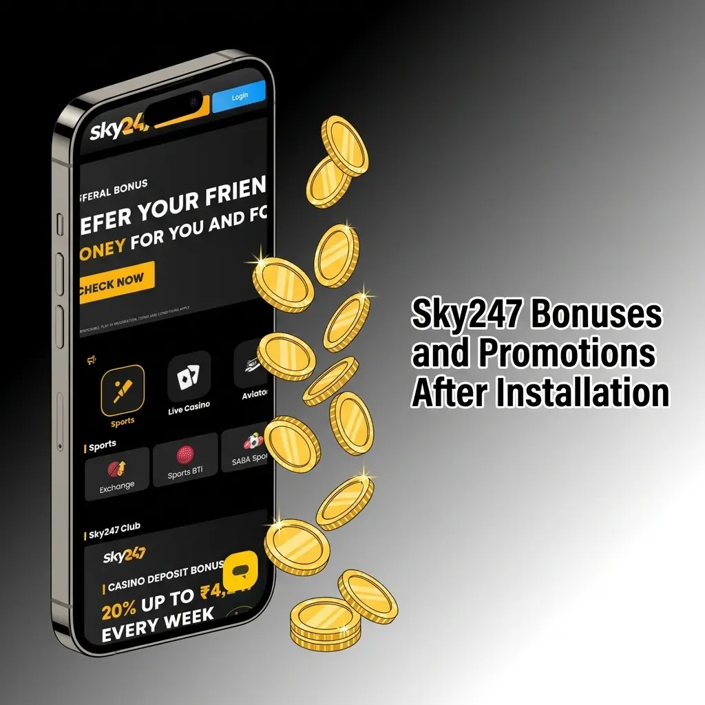 Sky247 app bonuses including cashback, casino rewards, and weekly promotions for mobile users in India