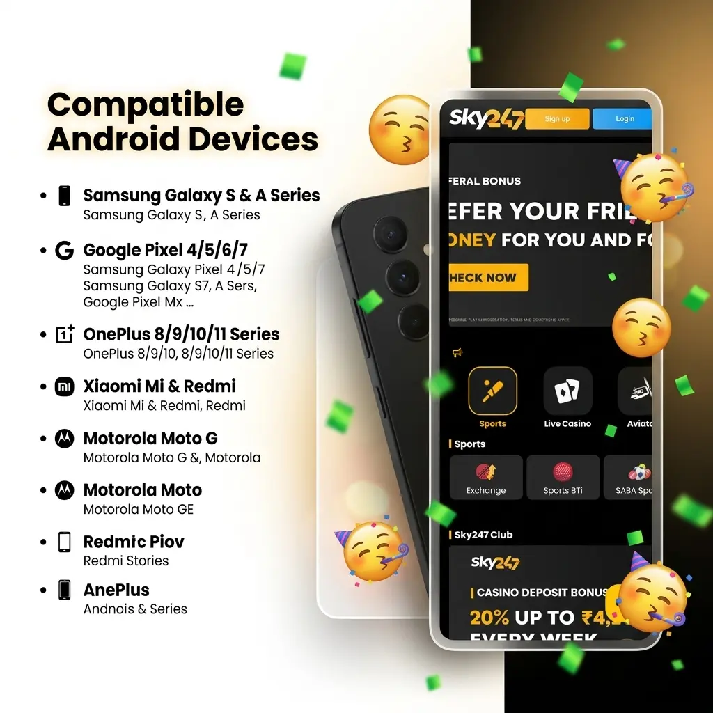 List of compatible Android devices for Sky247 app including Samsung, Xiaomi, Realme, OnePlus, Oppo, Vivo, Motorola and Nokia models