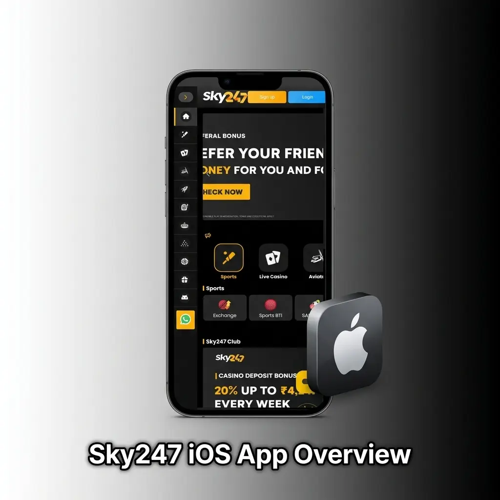 Sky247 iOS app interface on iPhone and iPad showing full platform features, compatible with iOS 12.0 and above