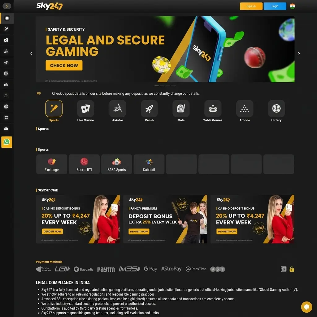 Sky247 licensed and secure online gaming platform for Indian players with SSL encryption and responsible gaming tools