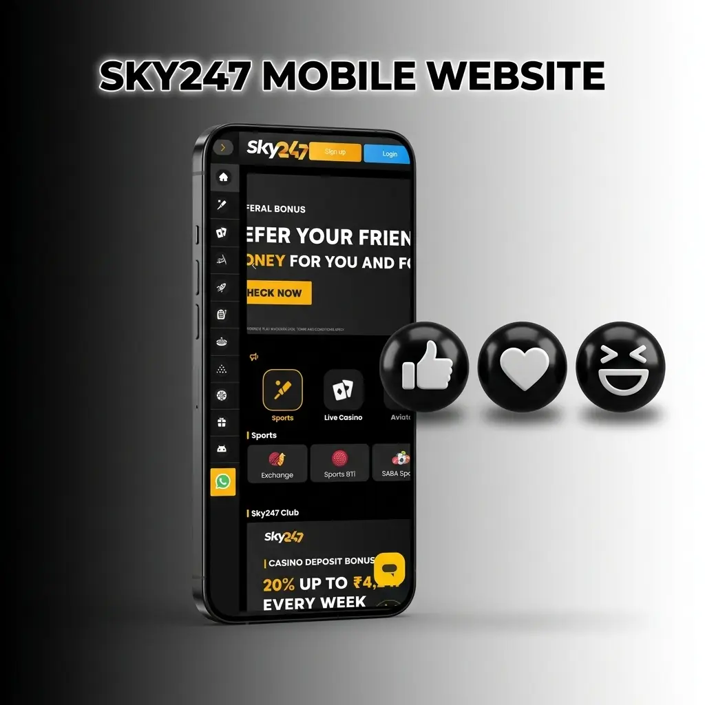 Sky247 mobile website on smartphone browser showing sports betting and casino interface for India players