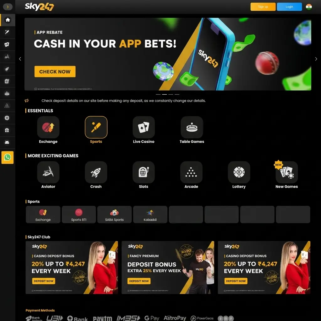 Sky247 India platform showing UPI payments, Teen Patti games, bonuses, and mobile access for Indian players