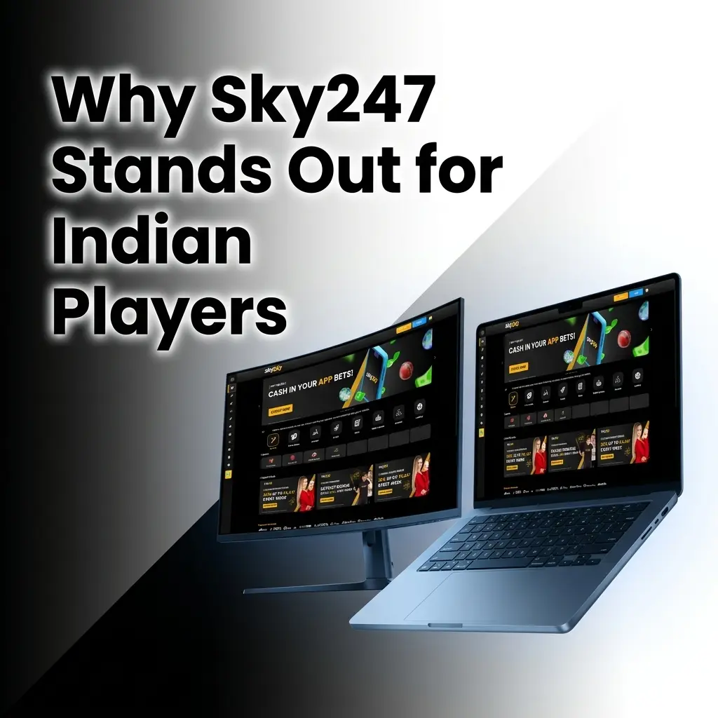 Sky247 platform for Indian players showing sports betting, casino games, SSL security, and mobile app on Android and iOS devices