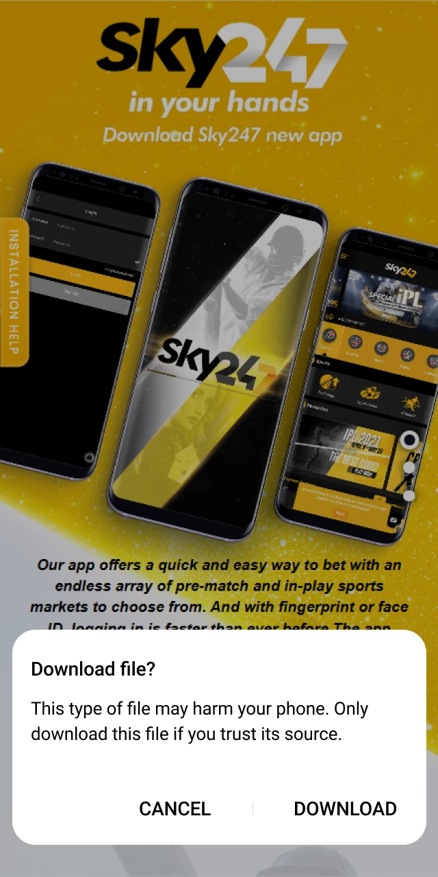 Agree to save the Android setup file for Sky247 app.