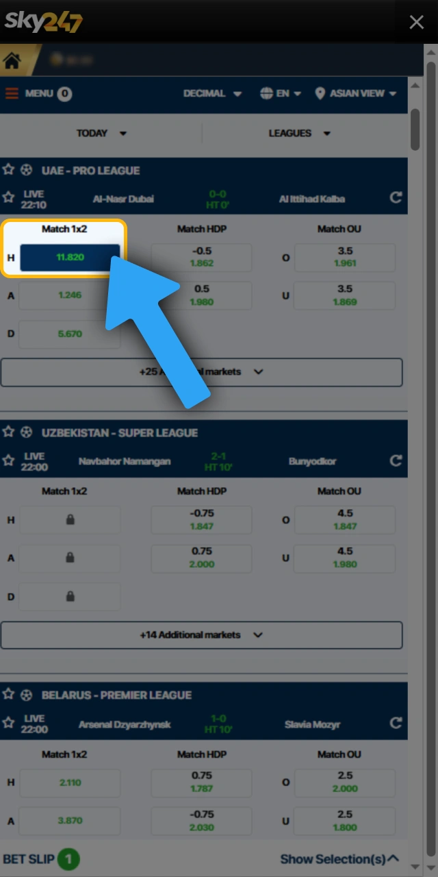 Choose preferred match odds for your Sky247 mobile bet.