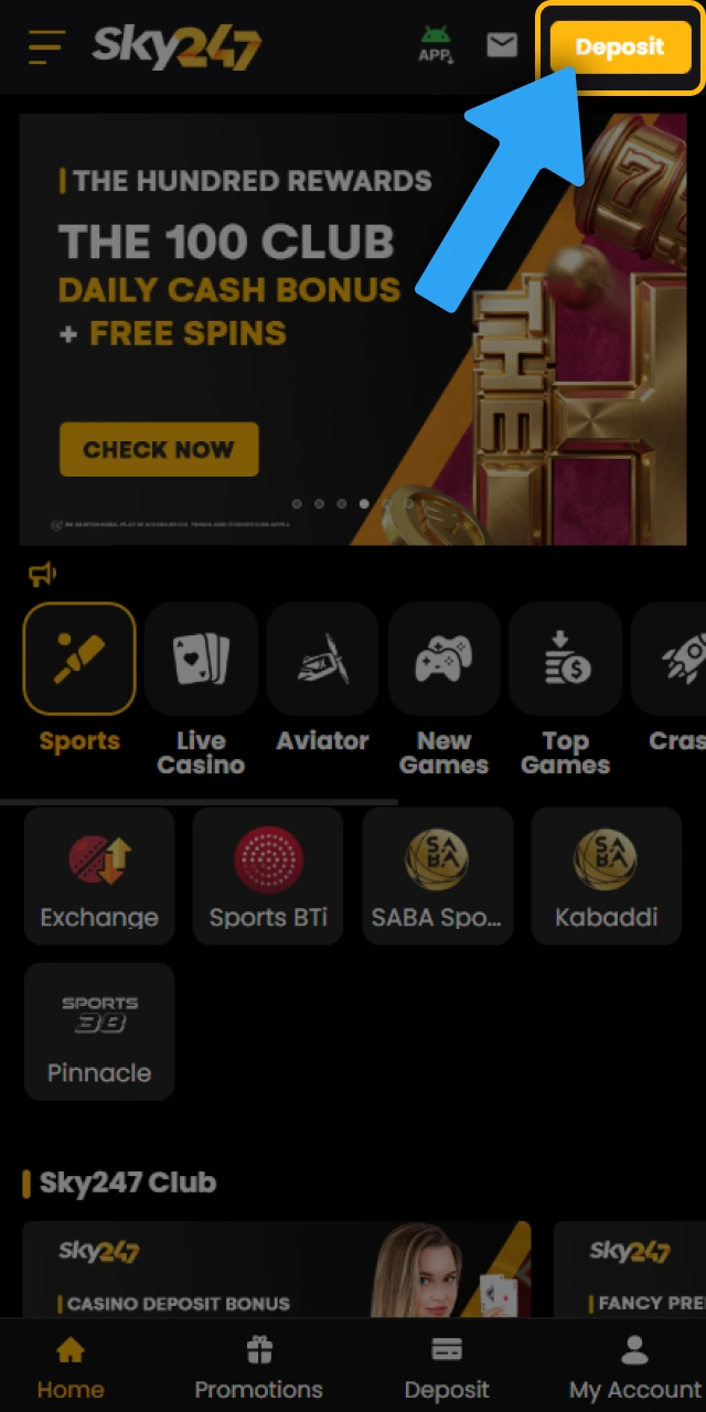 Log in to your Sky247 mobile account to initiate a funds deposit.