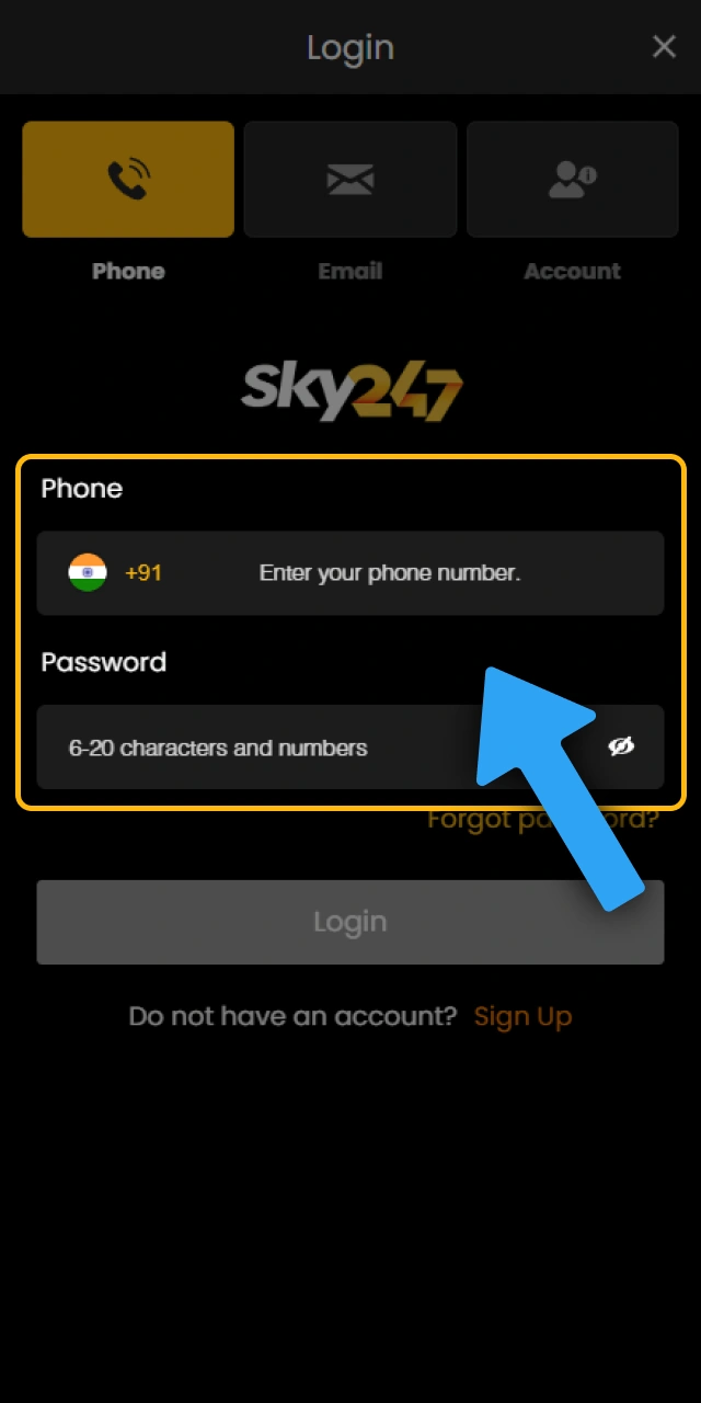 Fill in your profile details to complete Sky247 mobile login.