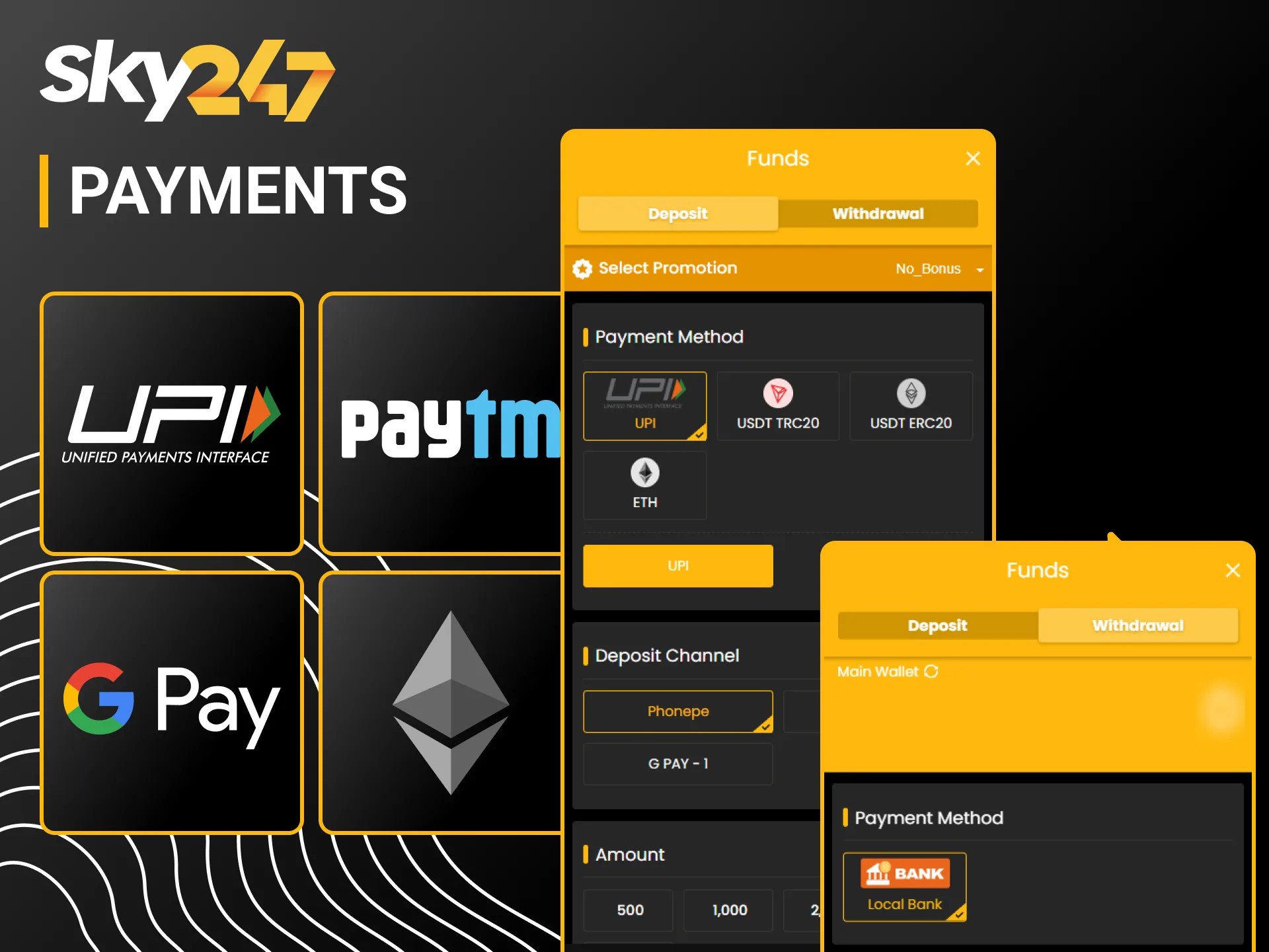 Use secure Indian payment options for transactions within the Sky247 mobile app.