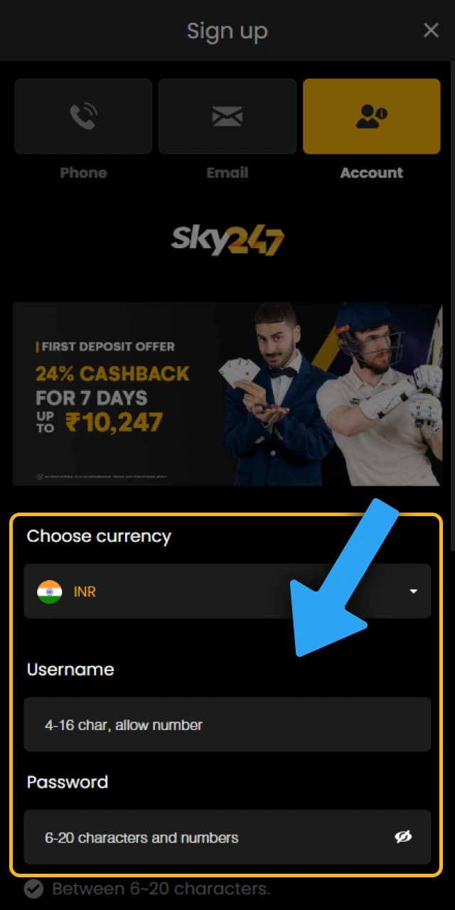 Complete required personal details on Sky247 to finish mobile register.