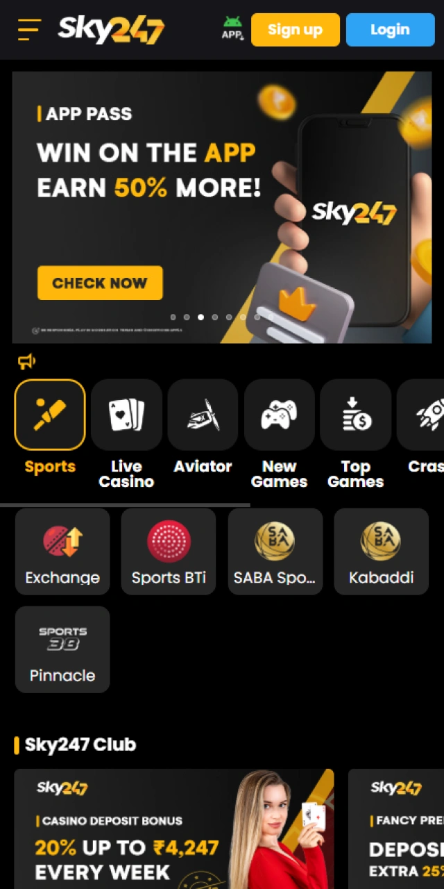 Open the Sky247 website on mobile to begin your register process.