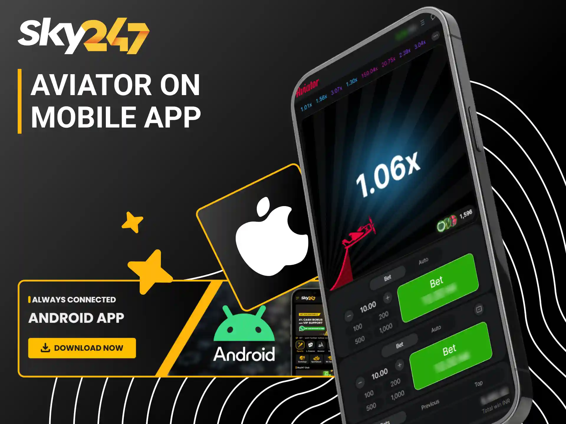 Download the Sky247 app on Android or iOS to play Aviator.
