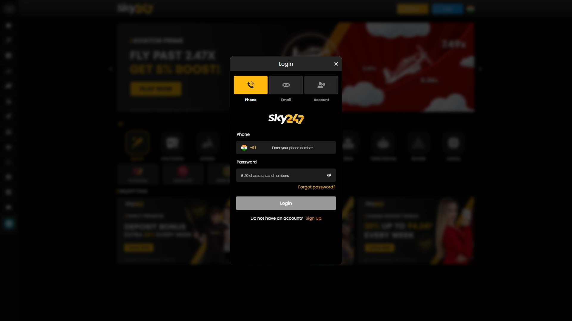 Authorize your Sky247 account and pass verification to access Aviator.