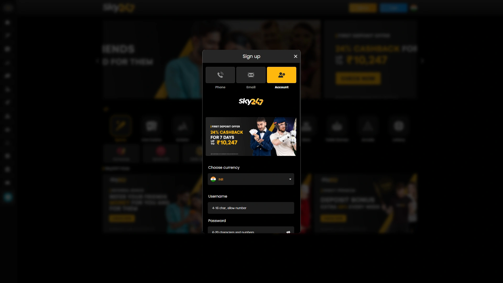 Create a new Sky247 profile to begin playing Aviator online.