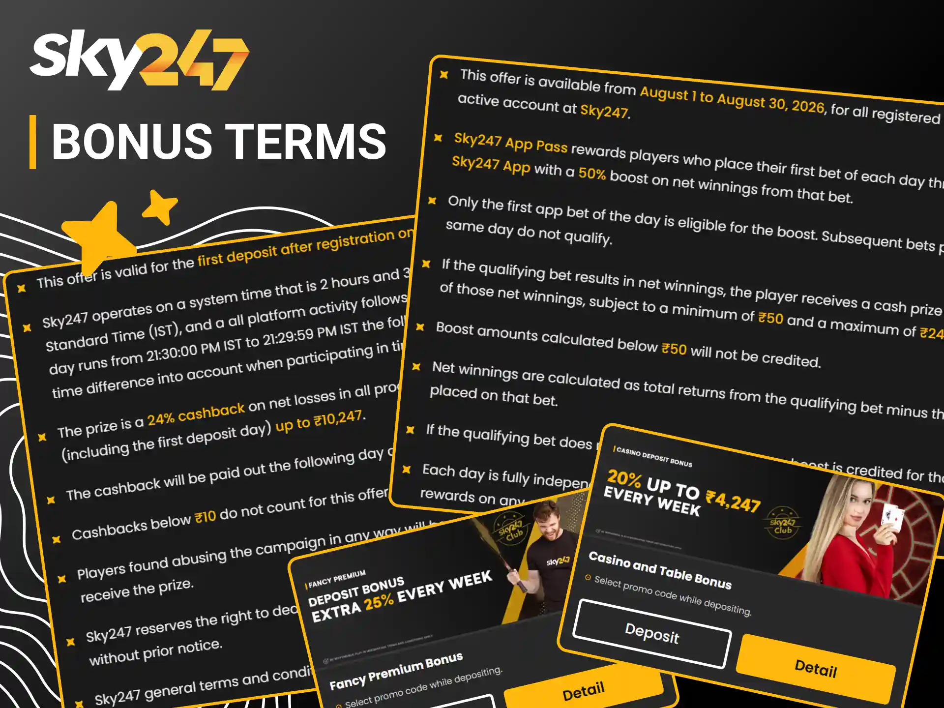 Read rules and requirements before claiming any Sky247 bonus.