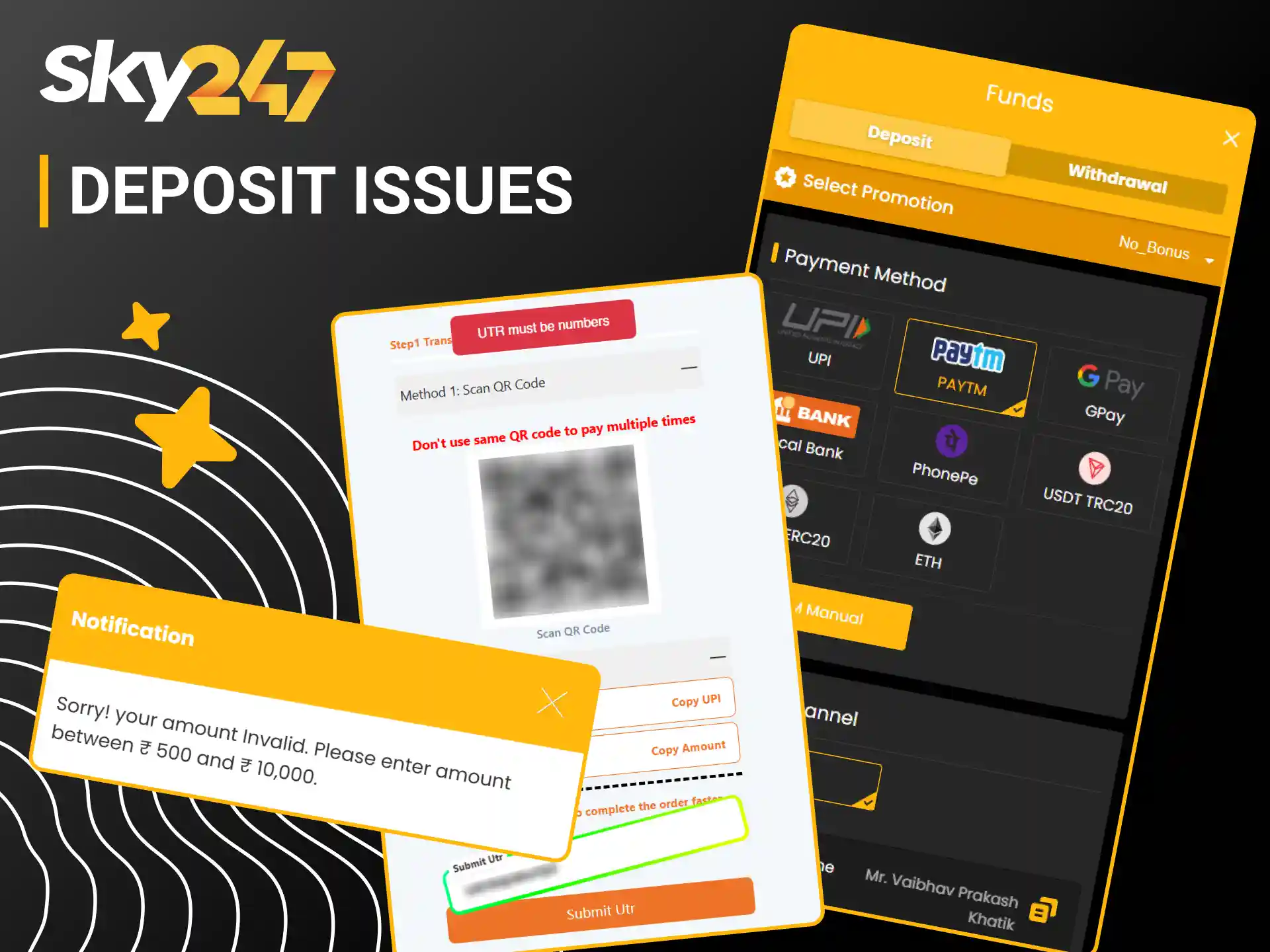 Resolve transaction errors to complete your Sky247 deposit without hassle.