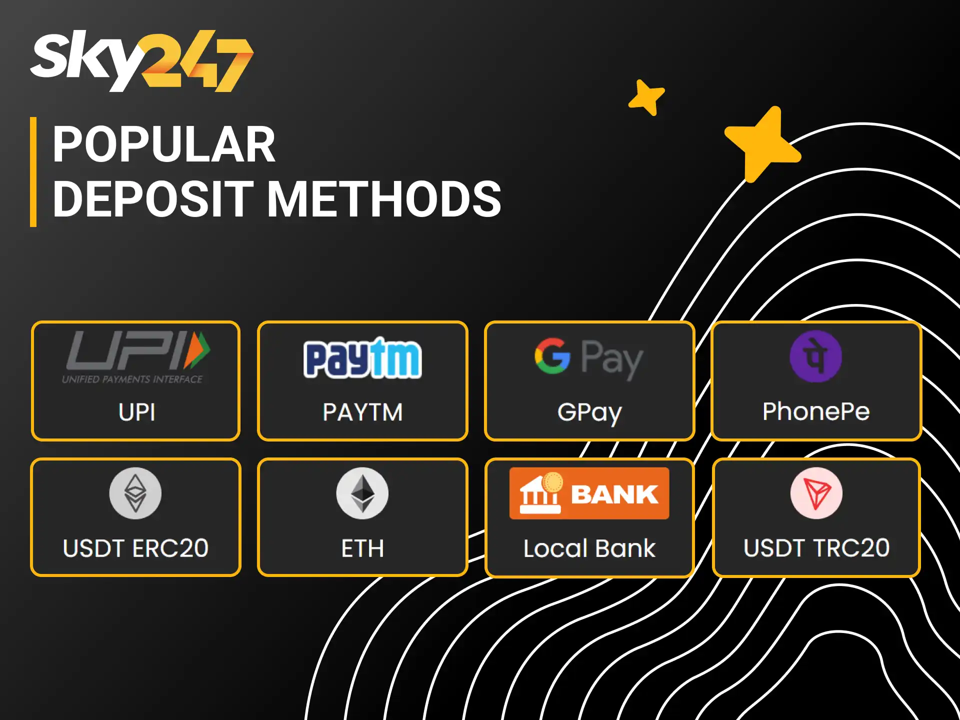 Select convenient local payment options for a smooth Sky247 deposit in India.