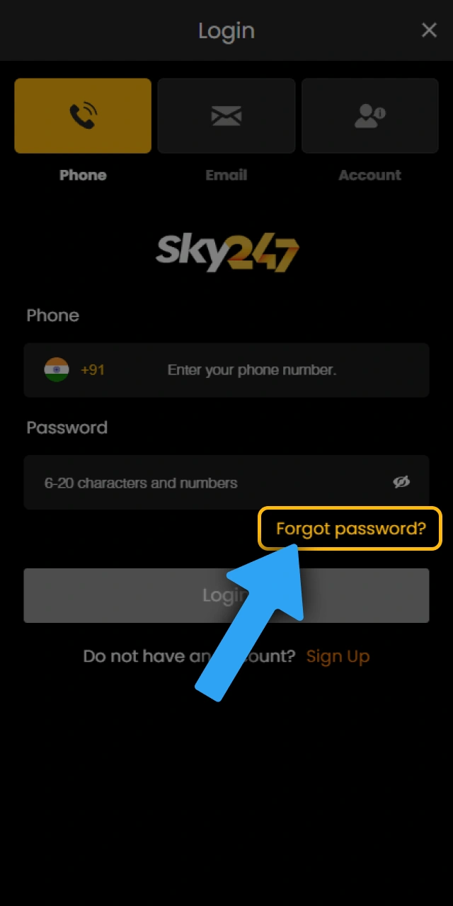 Click Forgot Password on Sky247 to restore your login access.