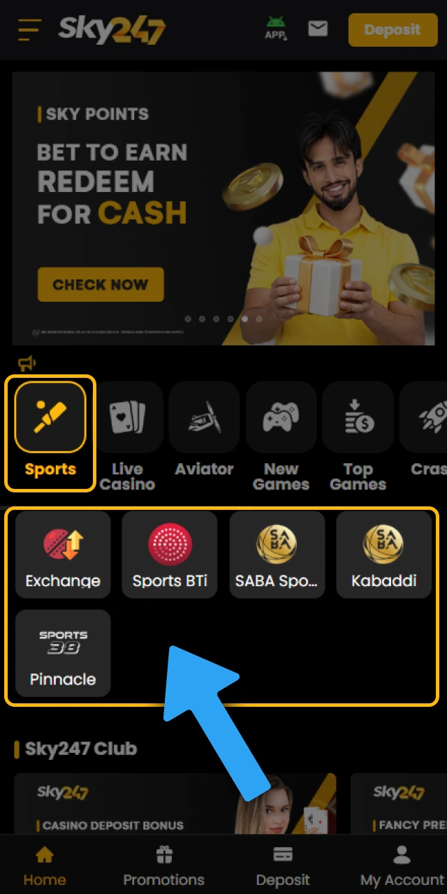 Open the Sky247 sports catalog to start placing your bet online.