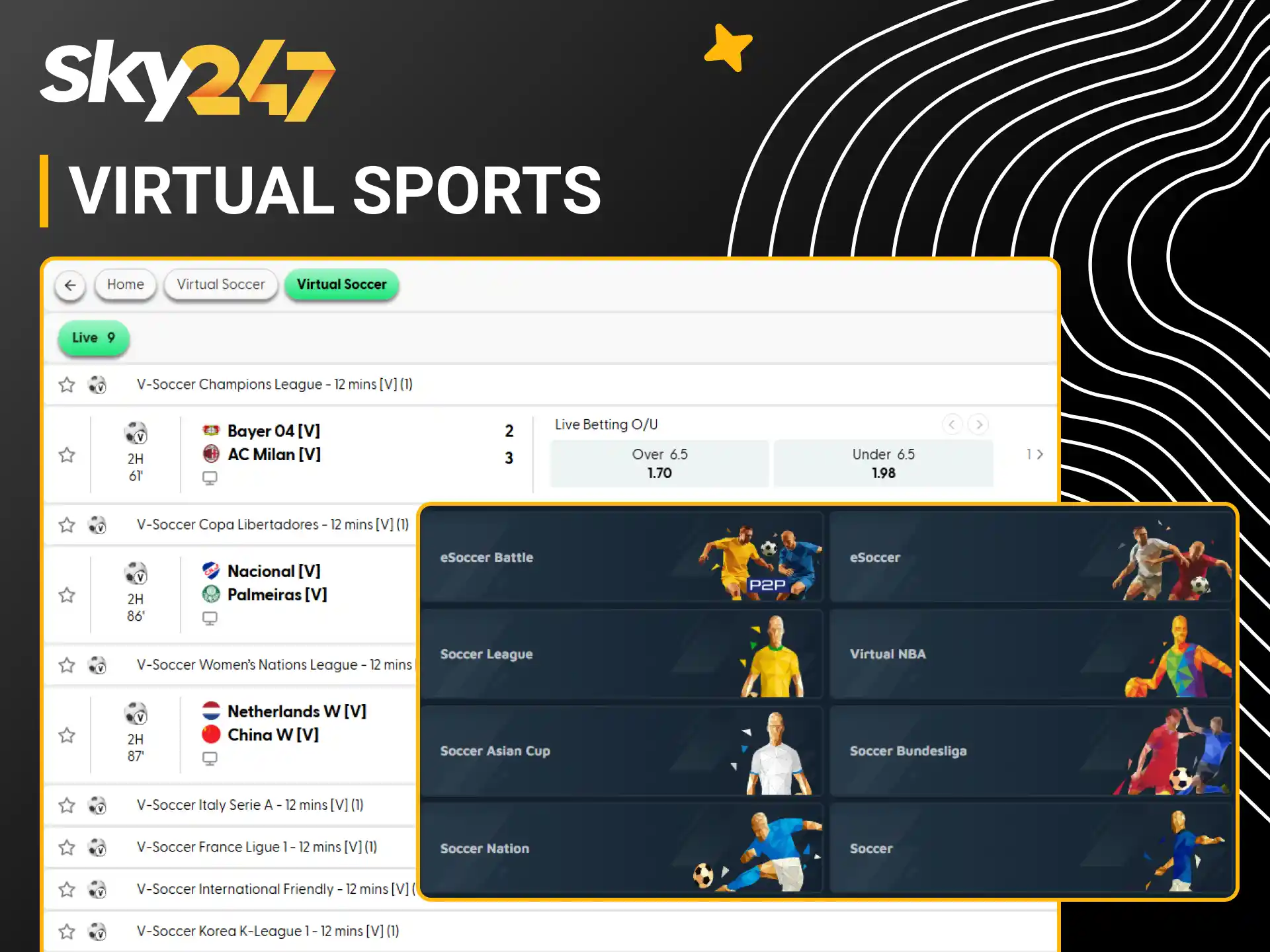 Place wagers on virtual sports matches using your Sky247 profile.