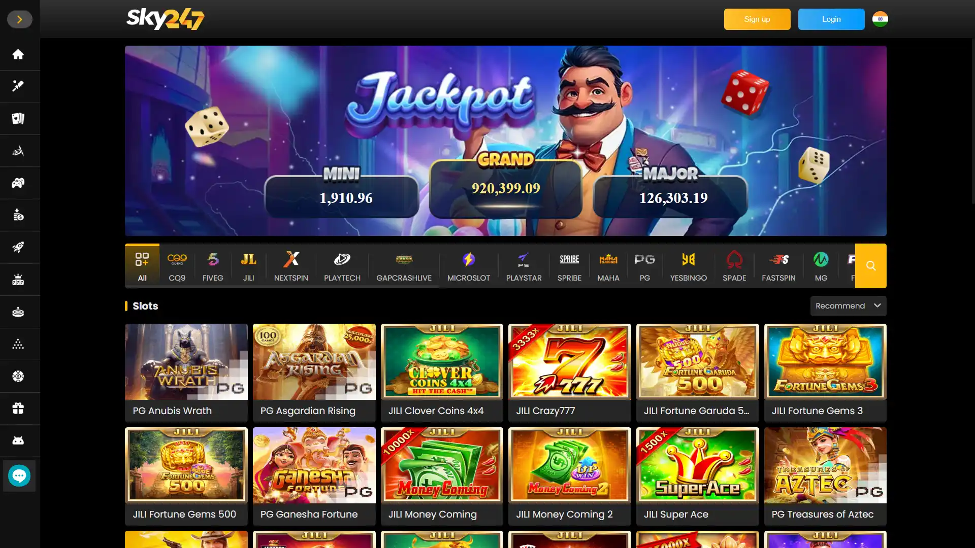 Explore top slots and table titles within Sky247 casino section.