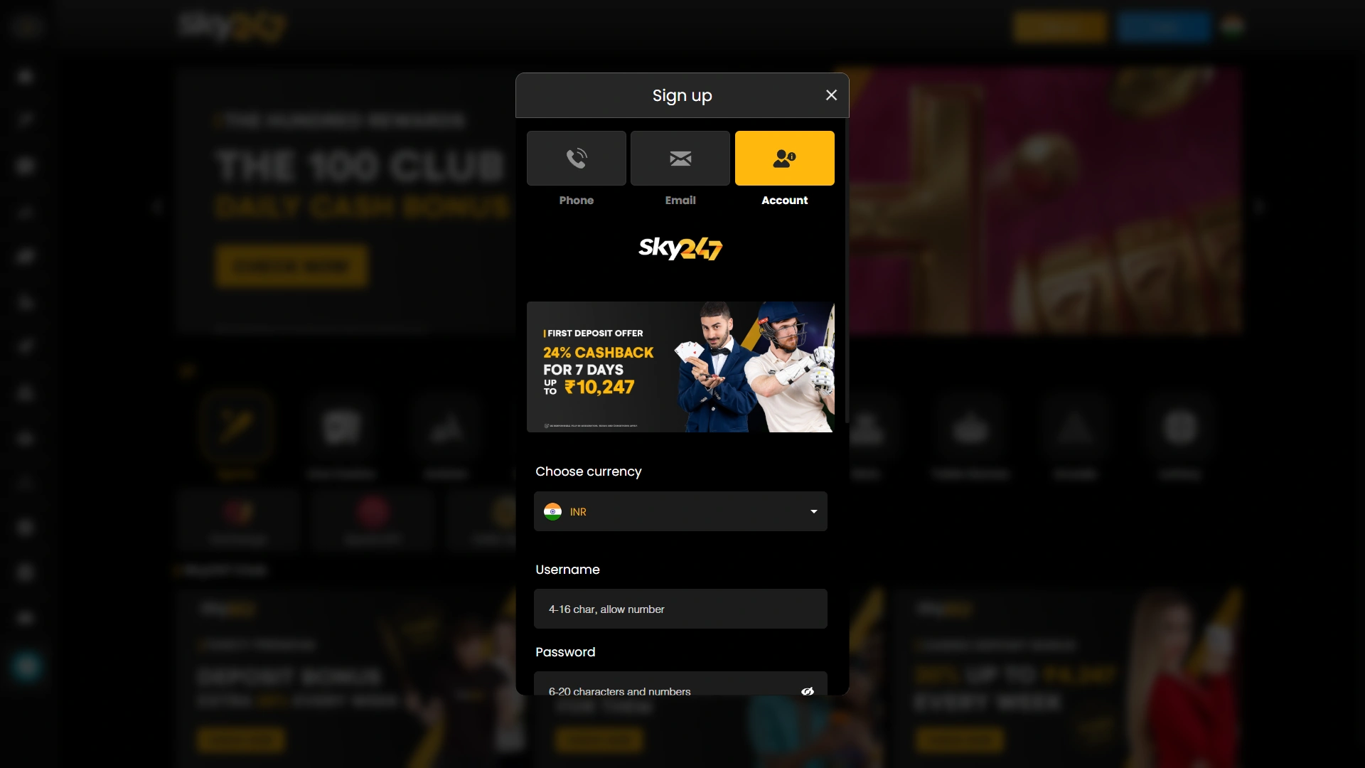 Create a personal account on Sky247 to access all features.