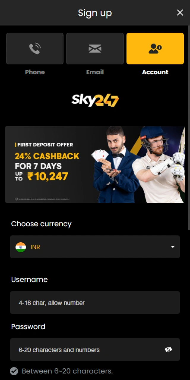Finish creating your Sky247 account to claim the bonus.