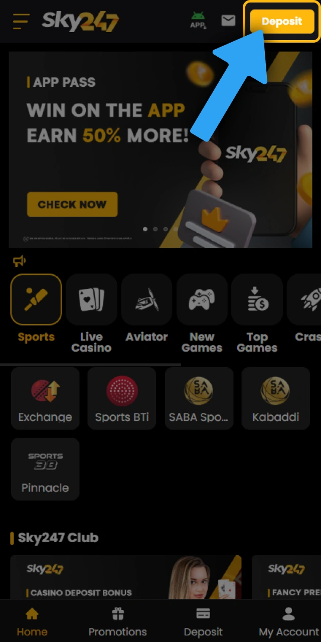 Add funds to your Sky247 balance to trigger the bonus.