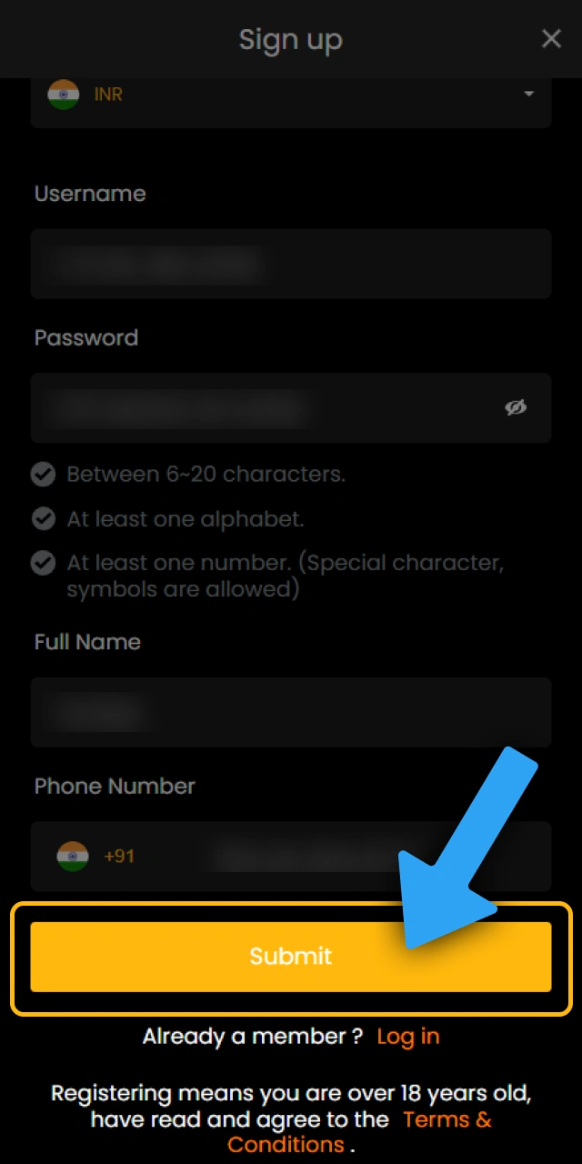 Confirm your new account details to finish Sky247 sign up.