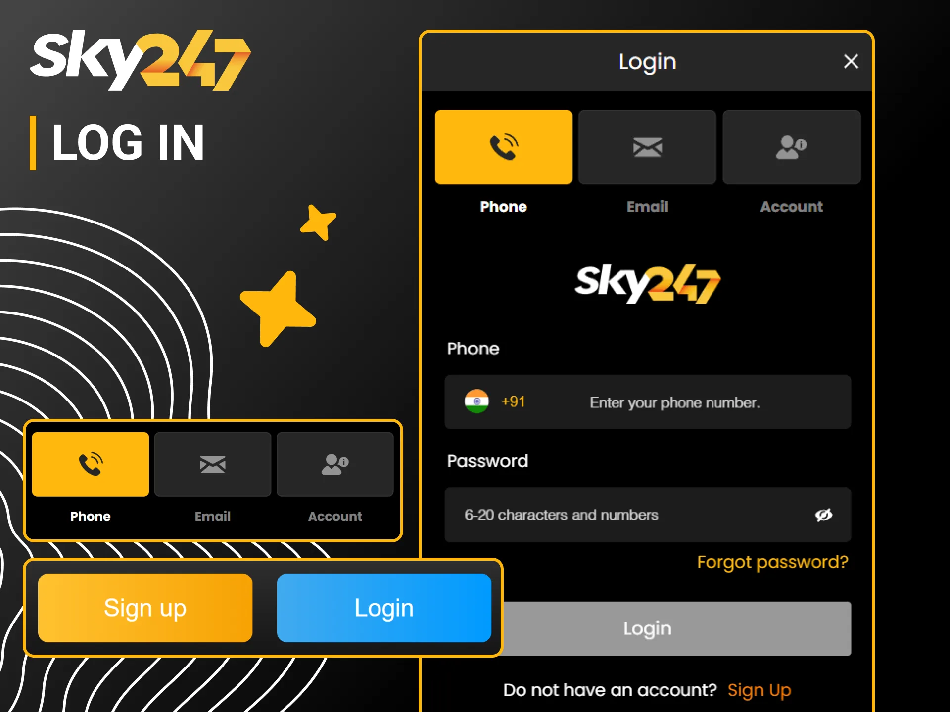 Enter valid credentials to authorize your personal Sky247 account login.