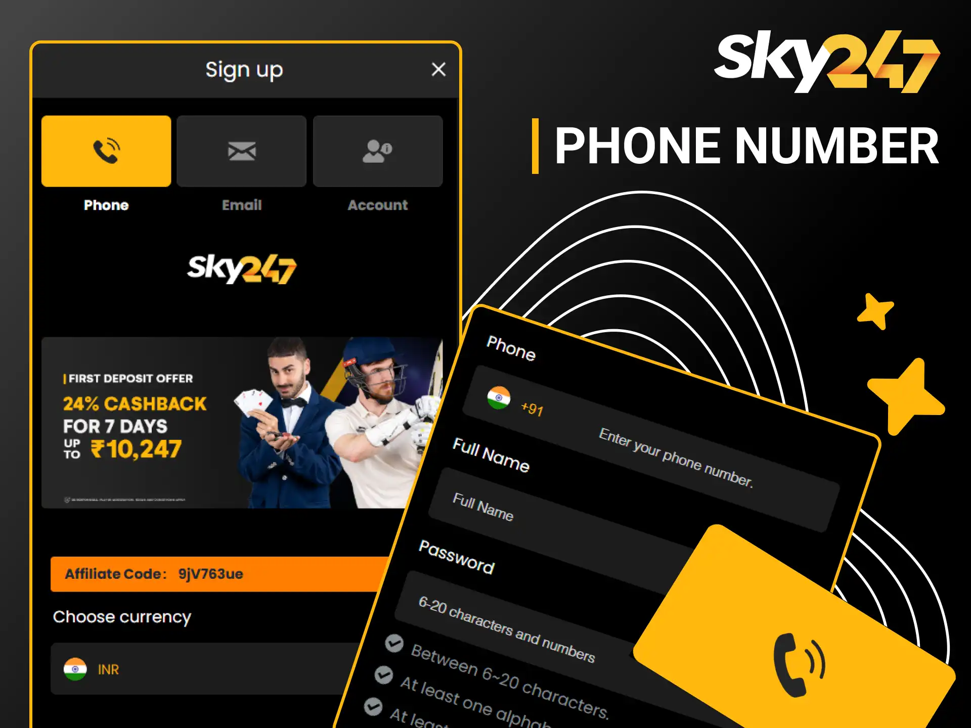 Use a valid phone number to complete Sky247 profile registration.