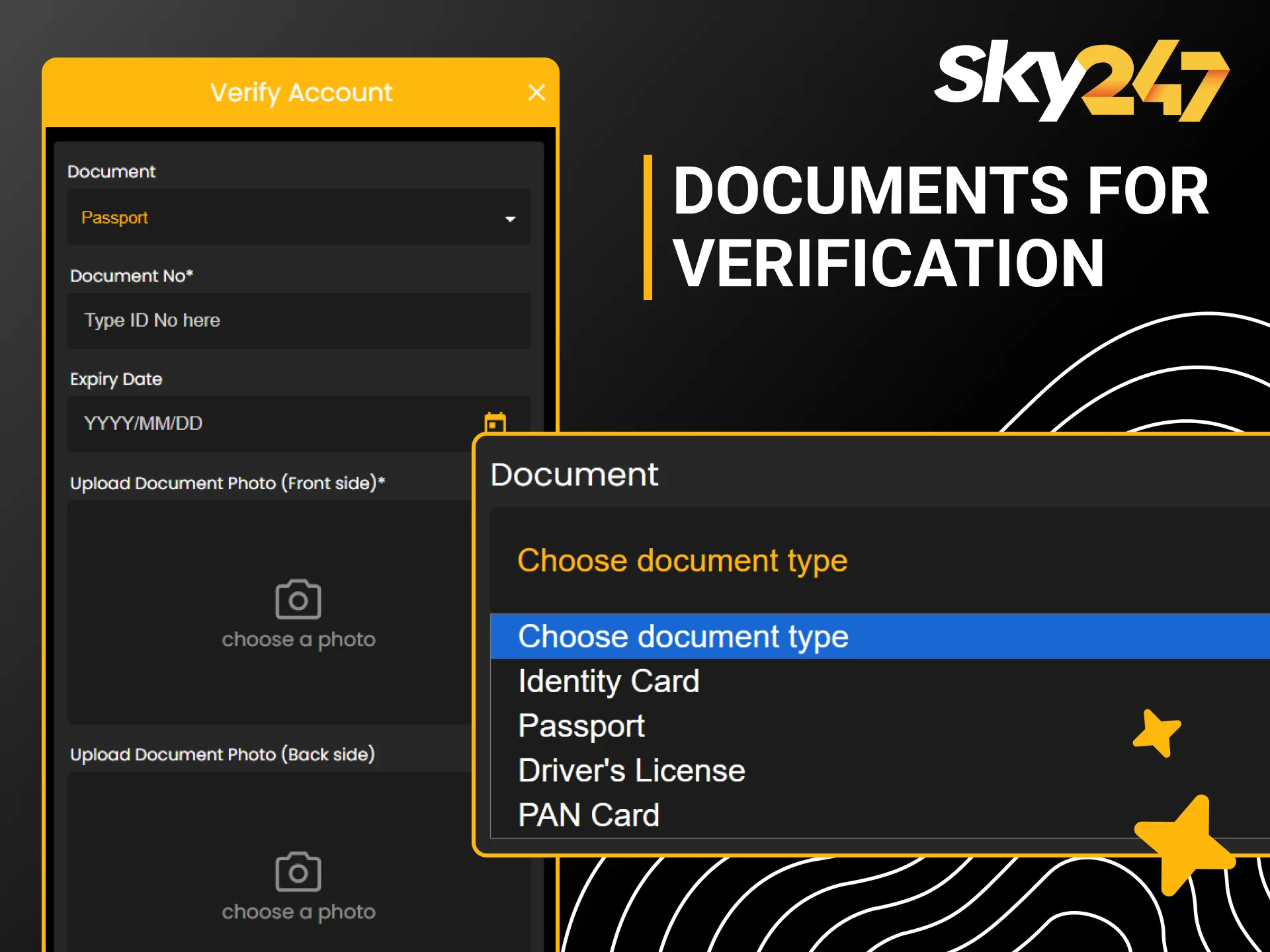 Upload your valid identity documents to pass Sky247 profile verification.