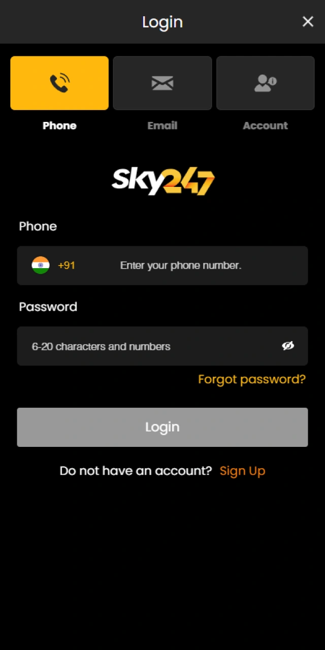 Log in to your Sky247 account to begin the withdrawal process.